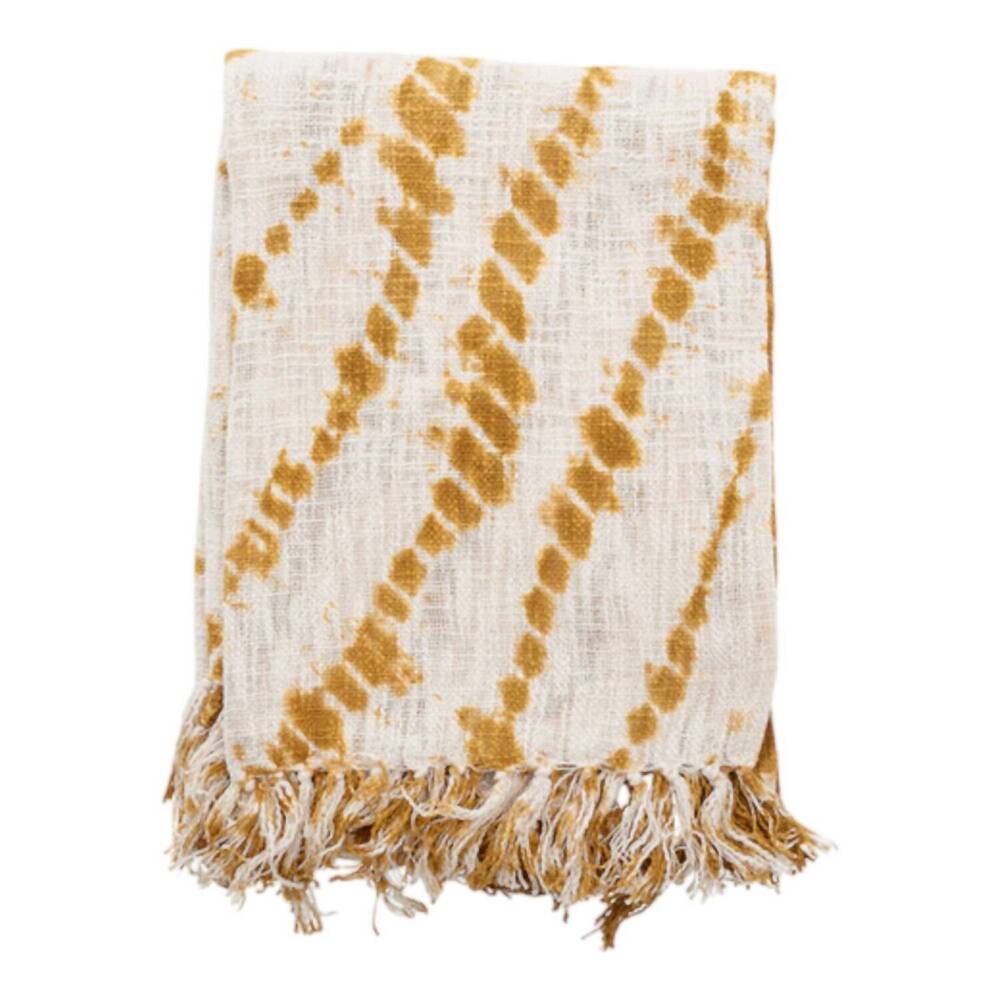 NEW CREATIVE CO-OP cotton tie-dyed throw blanket w/fringe in mustard